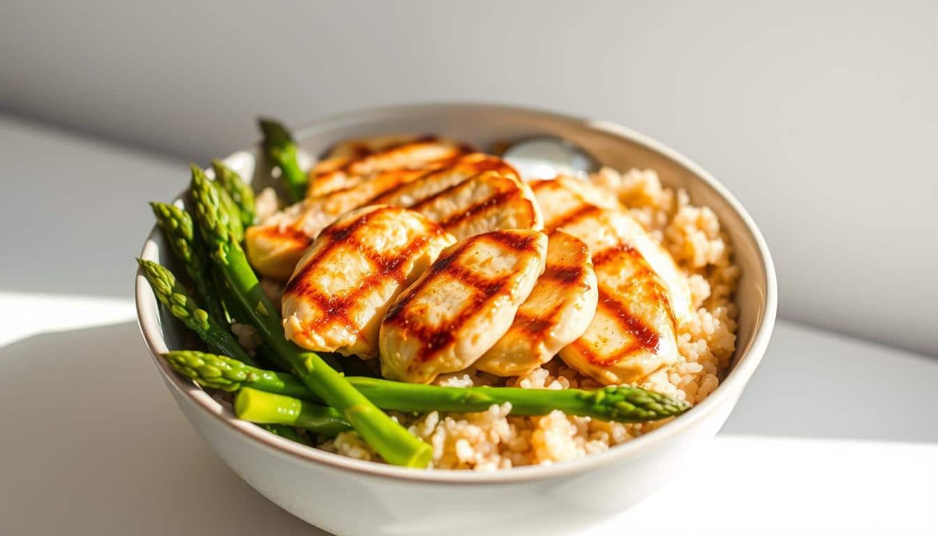 Frühlings-Bowl mit Hähnchen, grünem Spargel & Quinoa