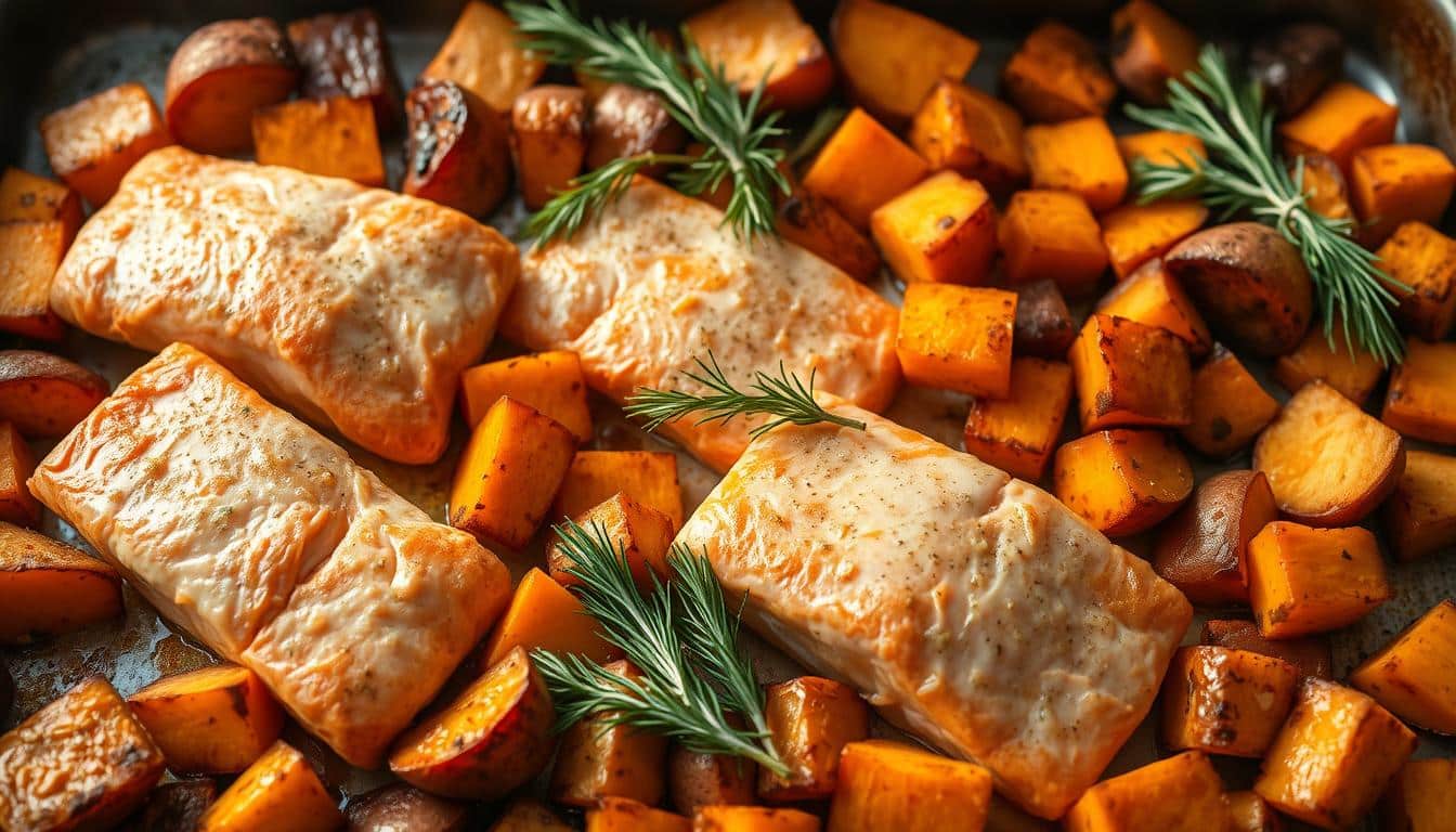 Gesundes und Leckeres Rezept - Lachs-Süßkartoffel-Blech