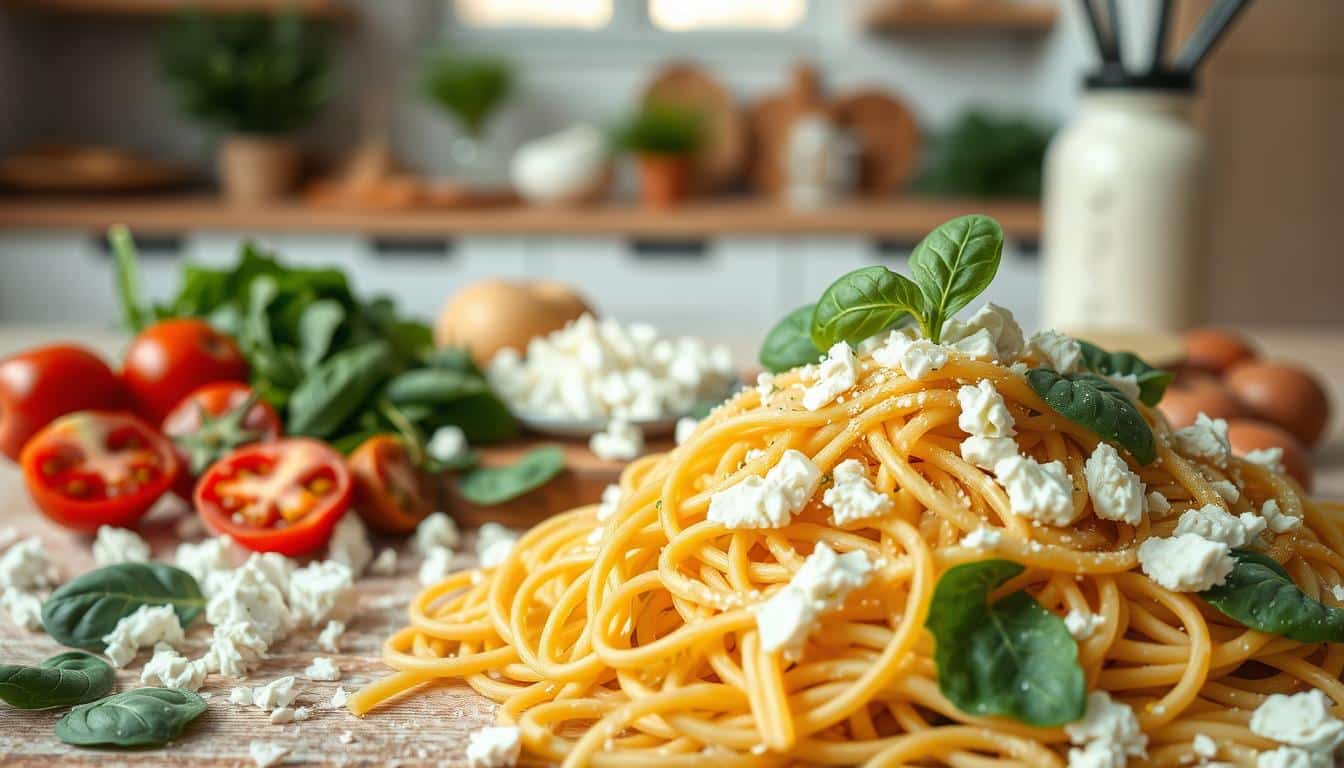 High Protein Pasta mit Feta & Spinat