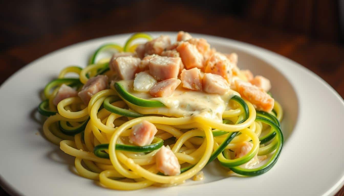 Low-Carb Zucchini-Nudeln mit Käsesauce und Thunfisch