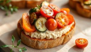Süßkartoffel-Toast mit Hummus und geröstetem Gemüse