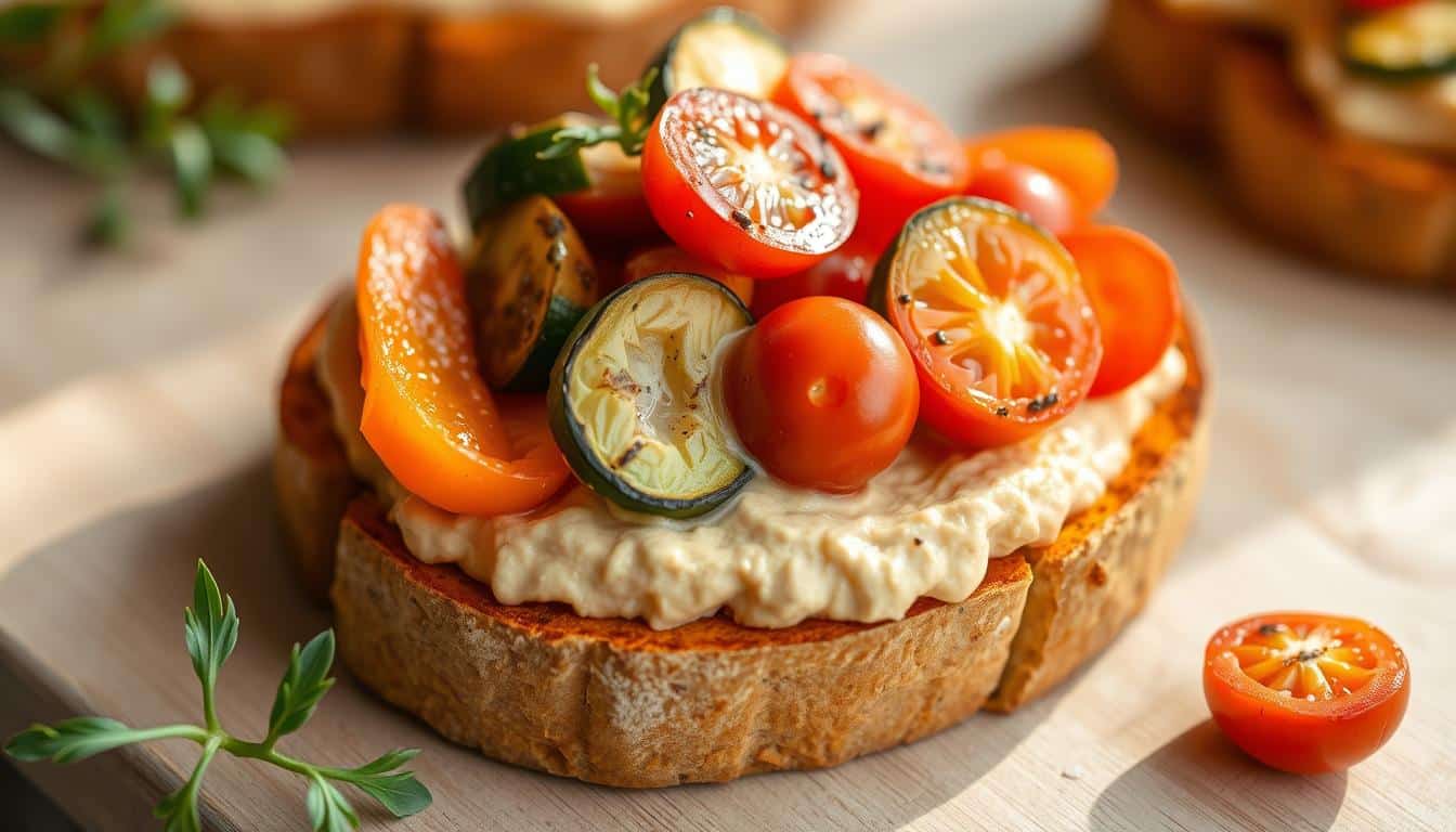 Süßkartoffel-Toast mit Hummus und geröstetem Gemüse