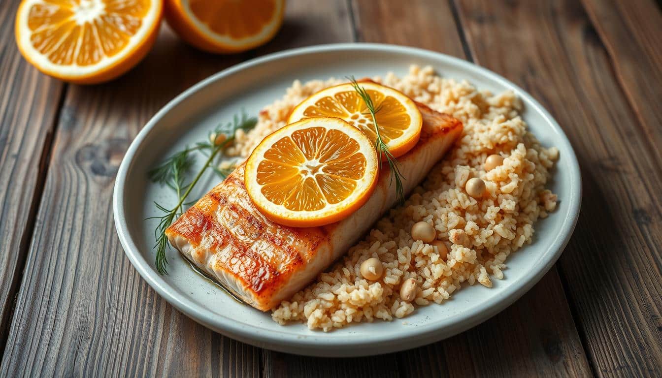 Orangen-Lachs - Fruchtig, eiweißreich & mit Cashew-Reis